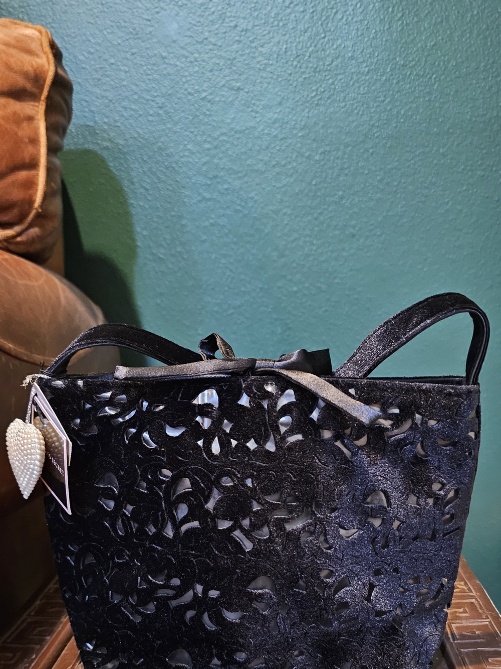 Victoria's Secret Black Velvet Cutout Shoulder Bag with Pearl Heart Charm